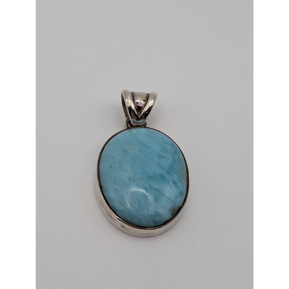 Vintage 925 Sterling Silver Blue Pectolite Pendant Large Oval Cabochon 12.2 g